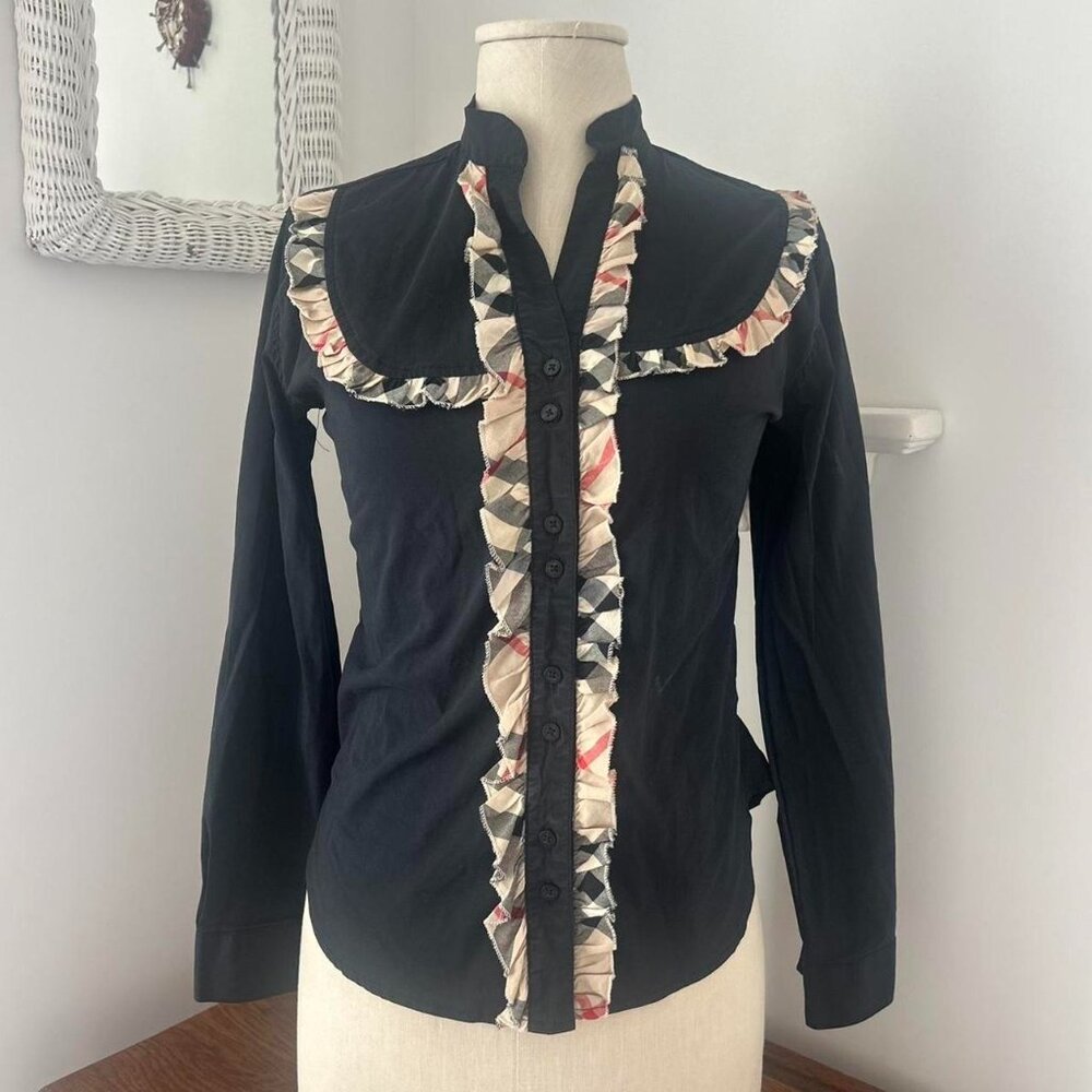 Burberry Black & Plaid Ruffle Blouse 
